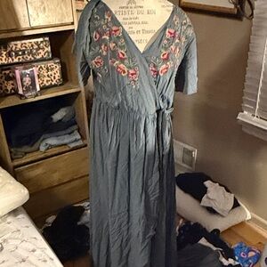 Embroidered Sage Green Wrap Dress - XL